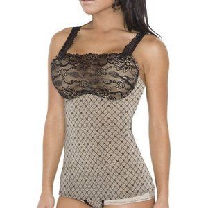 FIT Shapewear Pretty & Confident Camisole w/Lace & Garter Straps Sz XL Black/Tan